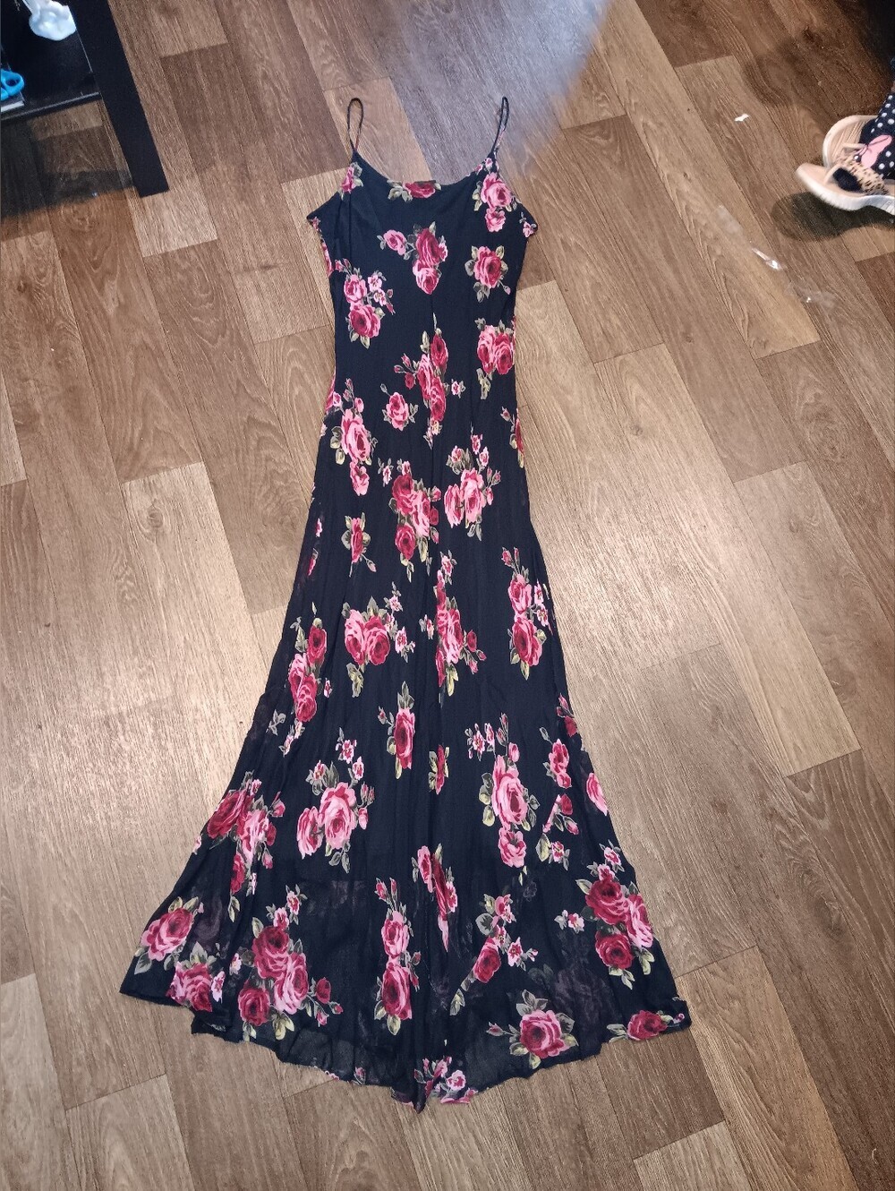 Y2k 2000s Cute Black Floral Slip Maxi Dress with Pink Rose Print Sz L But Fits S